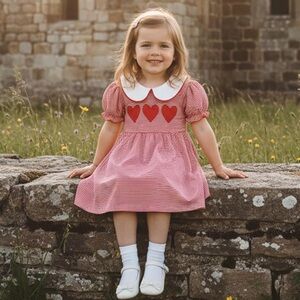 Baby Girls embroidered puff sleeve preppy dress. Red stripes with hearts!❤️ EUC